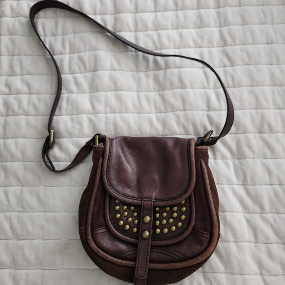 Fossil Bags Vintage 9s Y2k Fossil Boho Studded Brown Leather Suede Crossbody Saddle Bag